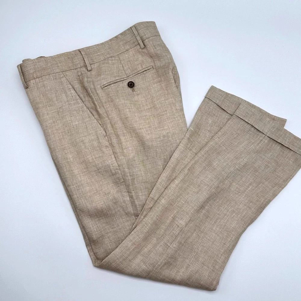 Murano Baird McNutt Linen Pants Mens 32x30 Alex Fit Tan Cuffed Dress Trousers